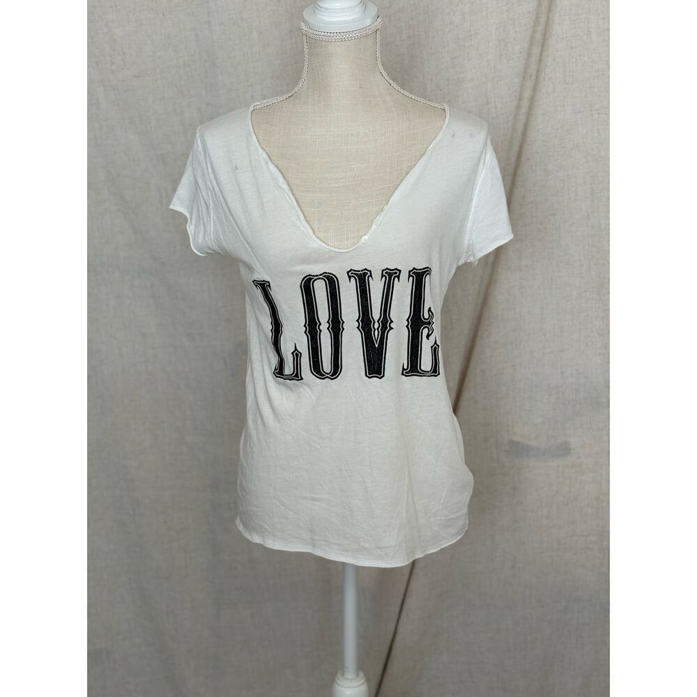 Zadig & Voltaire White Deep V Neck Tunisien LOVE T-Shirt Size M